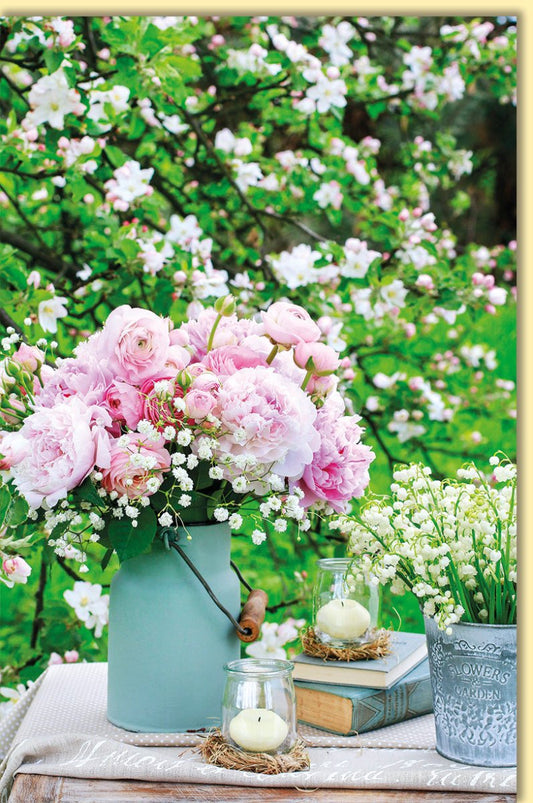 Glückwunschkarte Blumenstrauß mit Pfingstrosen und Maiglöckchen romantische Doppelkarte für besondere Anlässe hochwertige Doppelkarte