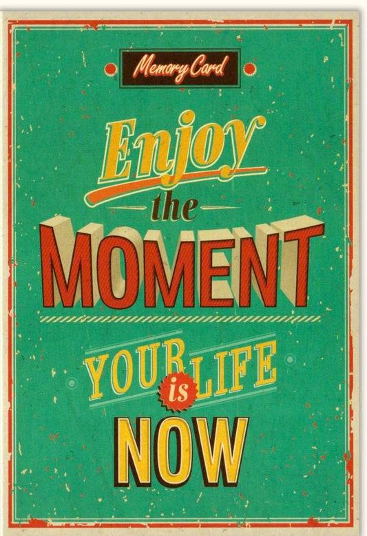 Glückwunschkarte "Enjoy the Moment" - Inspirierende Botschaft, Lebensfreude im Retro Vintage Stil, Grün - Rot Design, Perfektes Geschenk