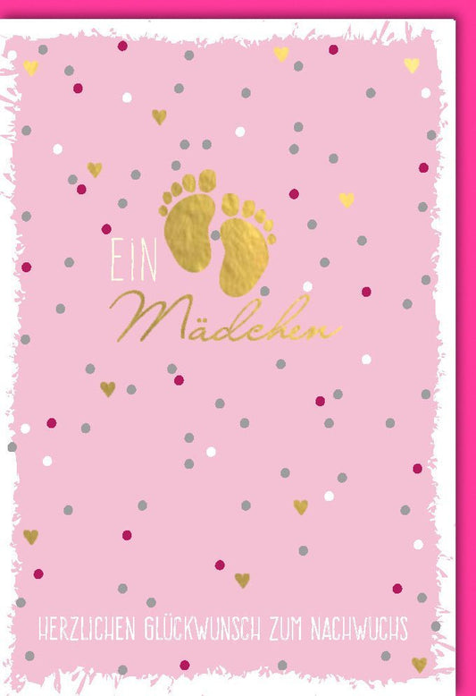 Glückwunschkarte Geburt Mädchen - Babykarte mit Fußabdrücken, Rosa & Gold Herzen zur Babyparty