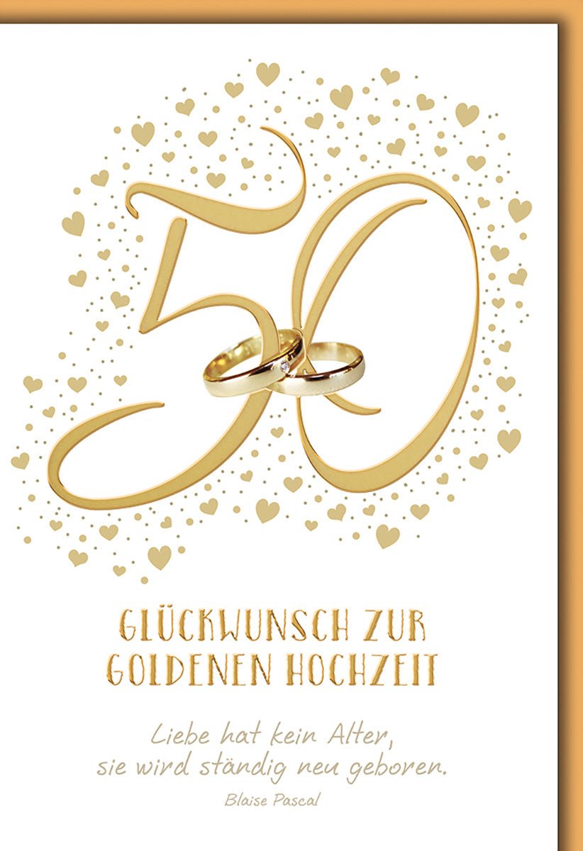 Glückwunschkarte Goldene Hochzeit – Goldene 50 mit Ringen und Herz - Konfetti