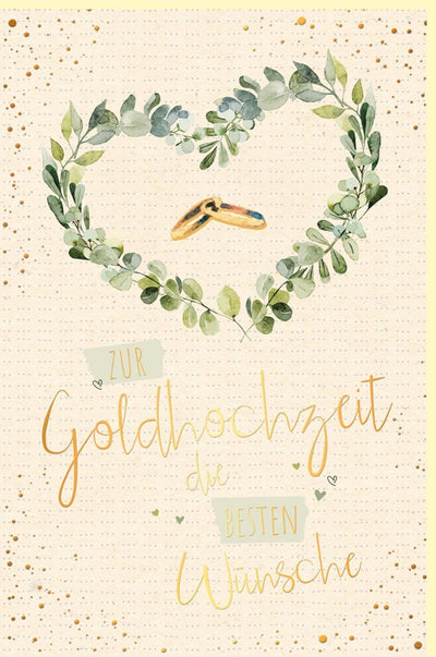 Glückwunschkarte Goldene Hochzeit - Herz & Ringe Design auf Zuckerrohrpapier für liebevolle Jubiläumsgrüße