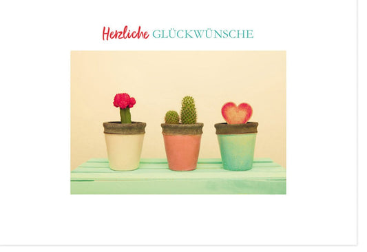 Glückwunschkarte - Herz & Kaktus Design, Vintage Blumentöpfe, Farbenfrohe Retro - Optik, Unisex für jeden Anlass