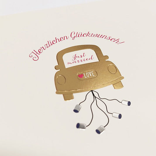 Glückwunschkarte Hochzeit Just Married Auto mit Dosen Herzlichen Glückwunsch stilvolle Hochzeitskarte liebevoll modern für das Brautpaar