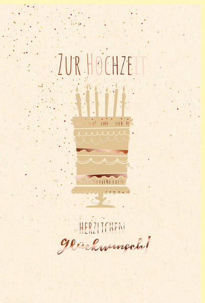 Glückwunschkarte Hochzeit mit Torte & Kerzen, Zuckerrohrpapier, Roségold Metallicfolie, Perfekt für Brautpaar & Jubiläum