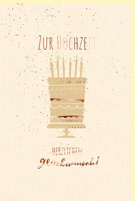 Glückwunschkarte Hochzeit mit Torte & Kerzen, Zuckerrohrpapier, Roségold Metallicfolie, Perfekt für Brautpaar & Jubiläum