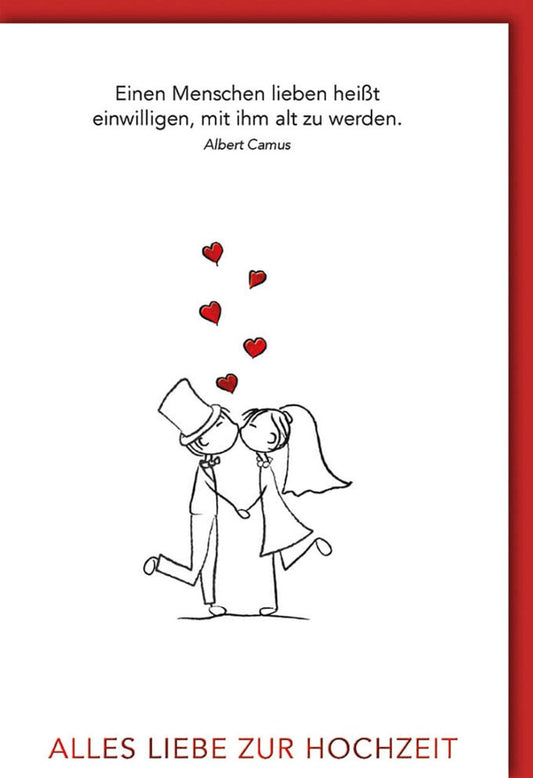 Glückwunschkarte Hochzeit - Strichmännchen Illustration, Romantische Braut & Bräutigam, Rot - Weiß Design für Verlobung & Jubiläum