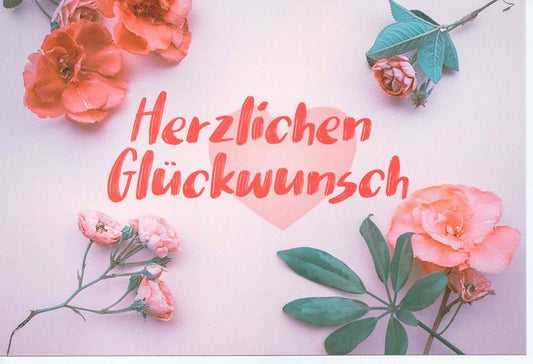 Glückwunschkarte mit Herzlichen Glückwunsch Schriftzug und zarten rosa Blumenmotiv auf hochwertigem Karton für besondere Anlässe