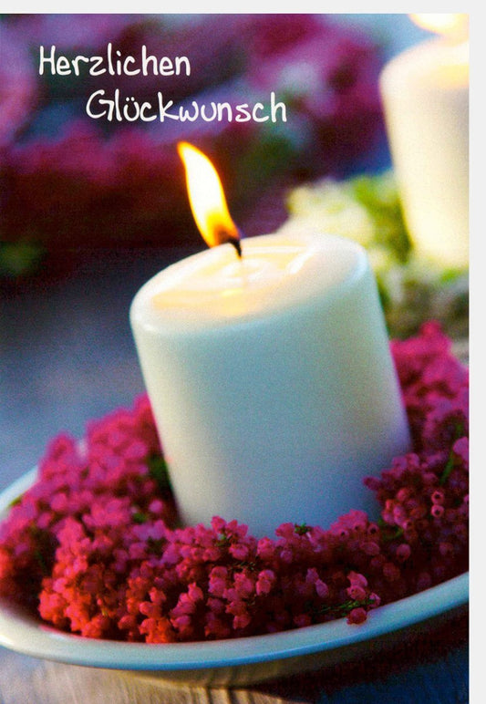 Glückwunschkarte mit Kerzenmotiv - Elegante Weiße Karte "Herzlichen Glückwunsch", Blumen & Festliche Dekoration, Schlichtes Design, 210x148mm