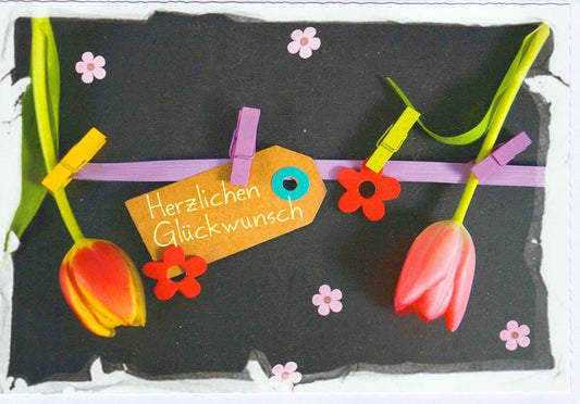 Glückwunschkarte mit Tulpen und Blumen auf schwarzem Hintergrund liebevoll gestaltet für besondere Anlässe hochwertige Doppelkarte