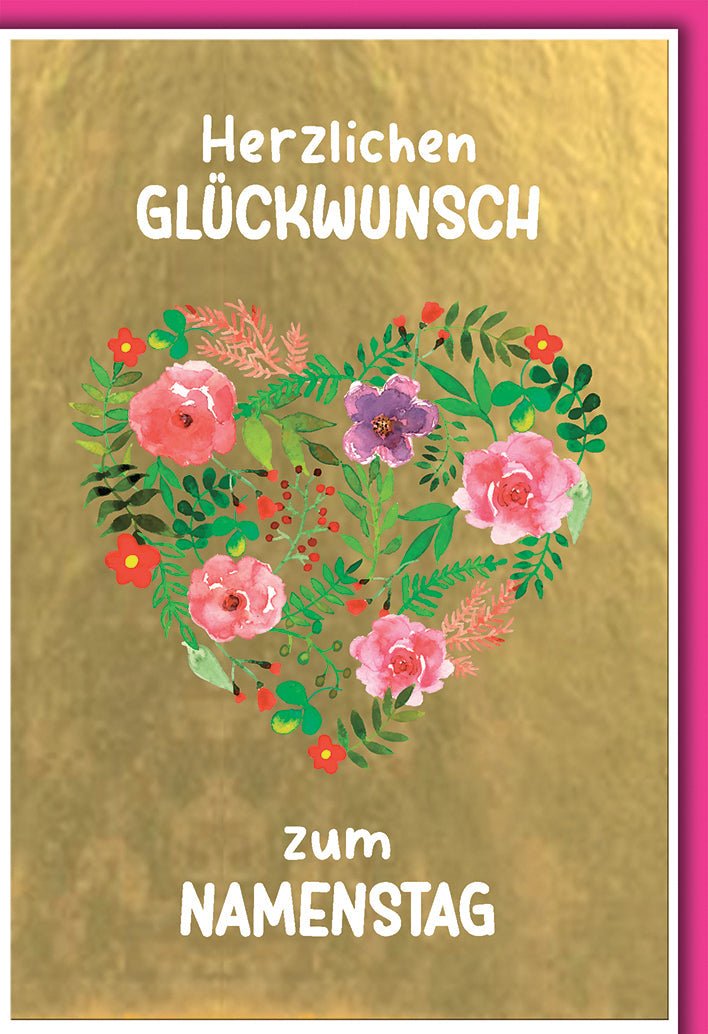 Glückwunschkarte Namenstag – Blumenherz auf Goldfolie mit Aquarell - Design