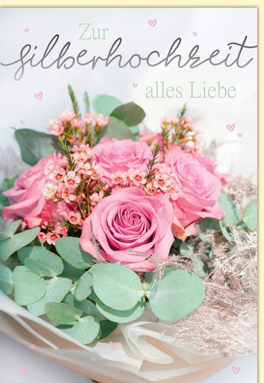 Glückwunschkarte Silberhochzeit mit rosa Blumen und grünen Blättern - Herzliche Wünsche zur Silberhochzeit
