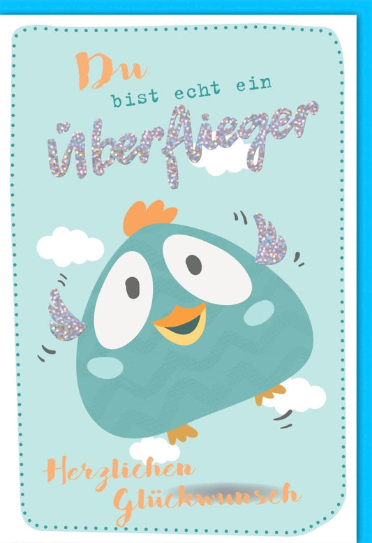 Glückwunschkarte "Überflieger" - Fröhliche Karte mit Vogel - Cartoon für Kinder & Erwachsene, Perfekt für Geburtstage und Prüfungen