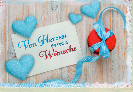 Glückwunschkarte Von Herzen die besten Wünsche mit blauen Herzen und Geschenkband liebevoll gestaltete Doppelkarte für besondere Anlässe