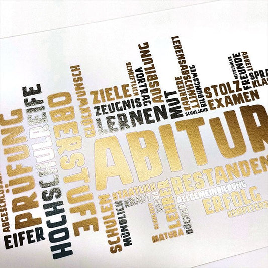 Glückwunschkarte zum Abitur modern mit Wortwolke in Gold und Beige für bestandene Prüfung und erfolgreichen Abschluss