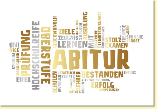 Glückwunschkarte zum Abitur modern mit Wortwolke in Gold und Beige für bestandene Prüfung und erfolgreichen Abschluss