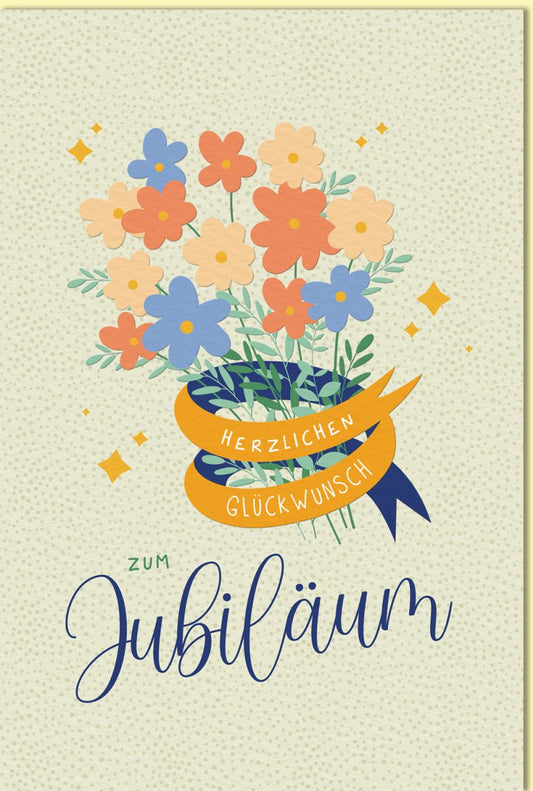 Glückwunschkarte zum Jubiläum mit buntem Blumenstrauß und Herzlichen Glückwunsch Schriftzug liebevoll gestaltet für besondere Anlässe