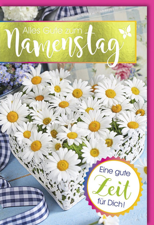 Glückwunschkarte zum Namenstag mit Margeriten im Herzkorb fröhliches Design und liebevolle Botschaft für persönliche Grüße