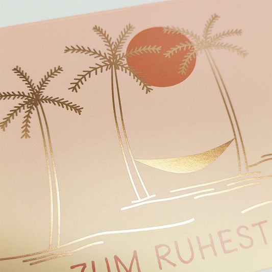 Glückwunschkarte zum Ruhestand mit goldenen Palmen Hängematte und Segelboot edle Doppelkarte für den Abschied in den Ruhestand