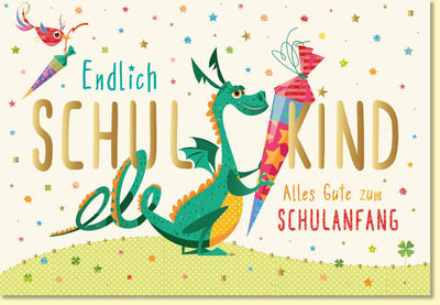 Glückwunschkarte zur Einschulung mit Drachenmotiv und Schultüte farbenfroh für Schulanfang und Erstklässler