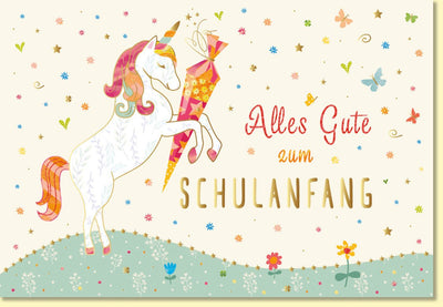 Glückwunschkarte zur Einschulung mit Einhorn und Schultüte farbenfroh liebevoll gestaltet für Mädchen zum Schulanfang