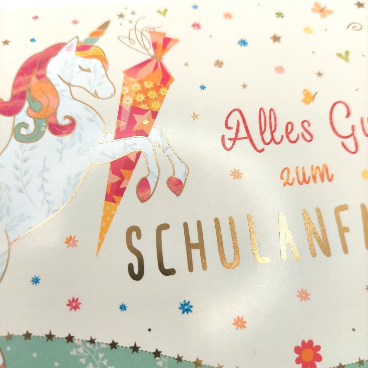 Glückwunschkarte zur Einschulung mit Einhorn und Schultüte farbenfroh liebevoll gestaltet für Mädchen zum Schulanfang