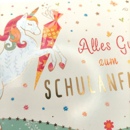 Glückwunschkarte zur Einschulung mit Einhorn und Schultüte farbenfroh liebevoll gestaltet für Mädchen zum Schulanfang