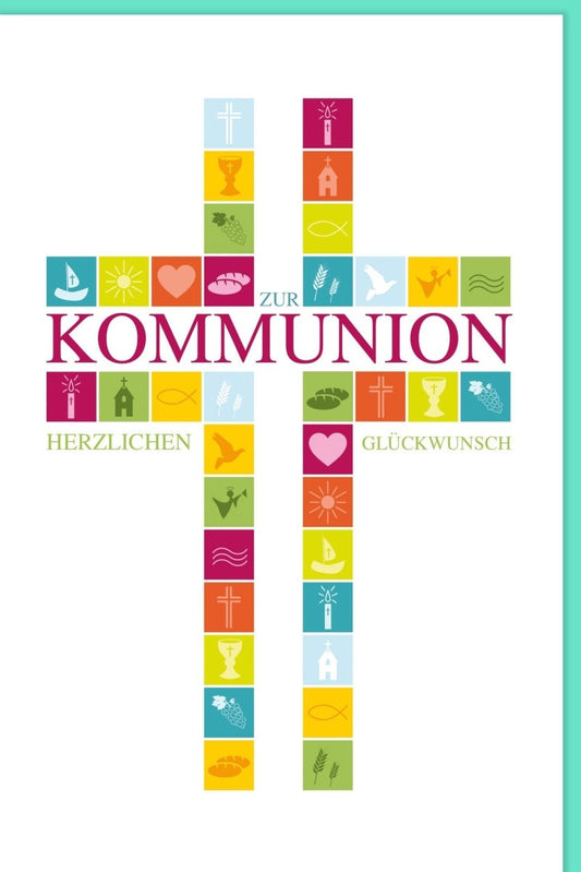 Glückwunschkarte zur Erstkommunion - Spirituelle Karte mit Kreuz & Symbolen für Kinder und Familie