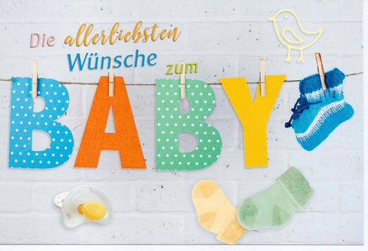 Glückwunschkarte zur Geburt Baby bunte Buchstaben Strick - Söckchen Schnuller Vogel liebevolle Geburtskarte für Jungen und Mädchen