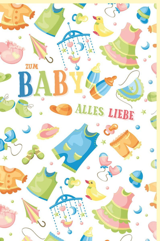 Glückwunschkarte zur Geburt – Babykleidung, Schnuller & Flaschenmotiv, Perfekt für Babyparty & Kinderzimmer Deko