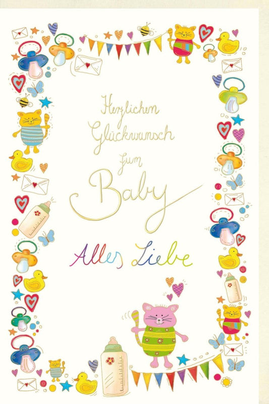 Glückwunschkarte zur Geburt - Charmante Babykarte mit Storch, Babyfüßen & Herzchen für Babyparty & Gratulation, Mit Teddybär & Entchen Illustrationen
