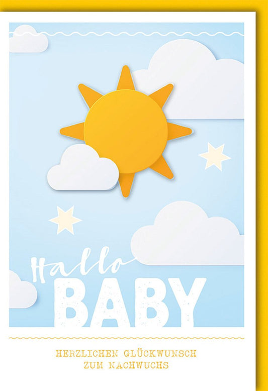 Glückwunschkarte zur Geburt eines Jungen - Babyshower Gruß in Hellblau & Gelb mit Sonnen - und Wolkenmotiv, Willkommensgruß für Neugeborene