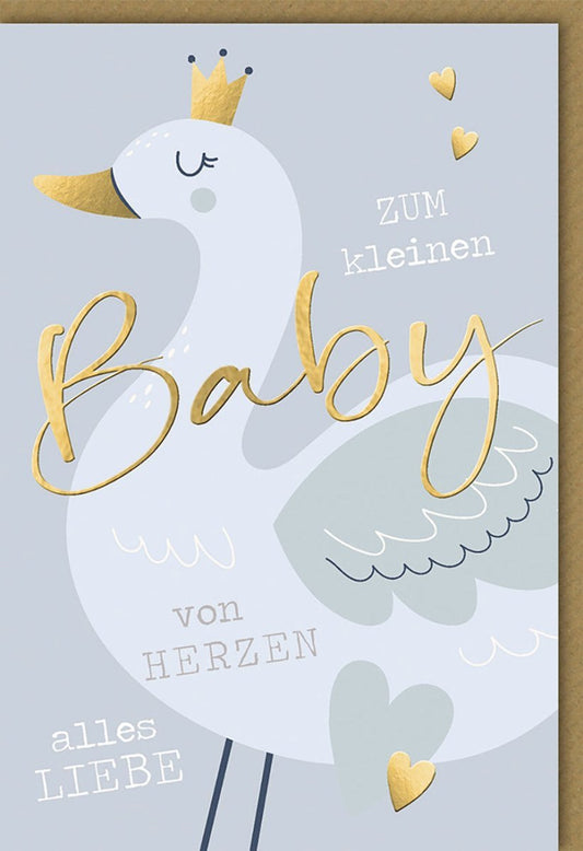 Glückwunschkarte zur Geburt eines Jungen: Storch & Krone Design, Babyshower Gruß mit Herzchen