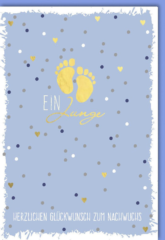Glückwunschkarte zur Geburt für Jungen - Babyfußabdruck in Hellblau & Gold Konfetti Design