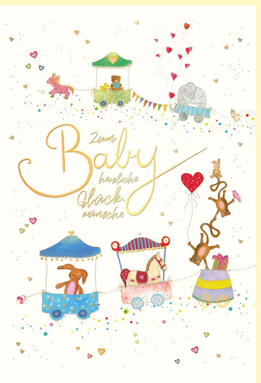 Glückwunschkarte zur Geburt liebevoll illustriert mit Zirkuswagen Tieren Ballons und goldener Schrift für Mädchen und Jungen