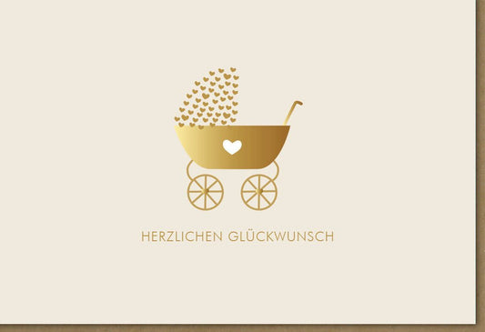 Glückwunschkarte zur Geburt - Midoro Babykarte in Beige/Gold mit Kinderwagen - Motiv, Herzliche Grüße für Eltern, Freunde & Familie