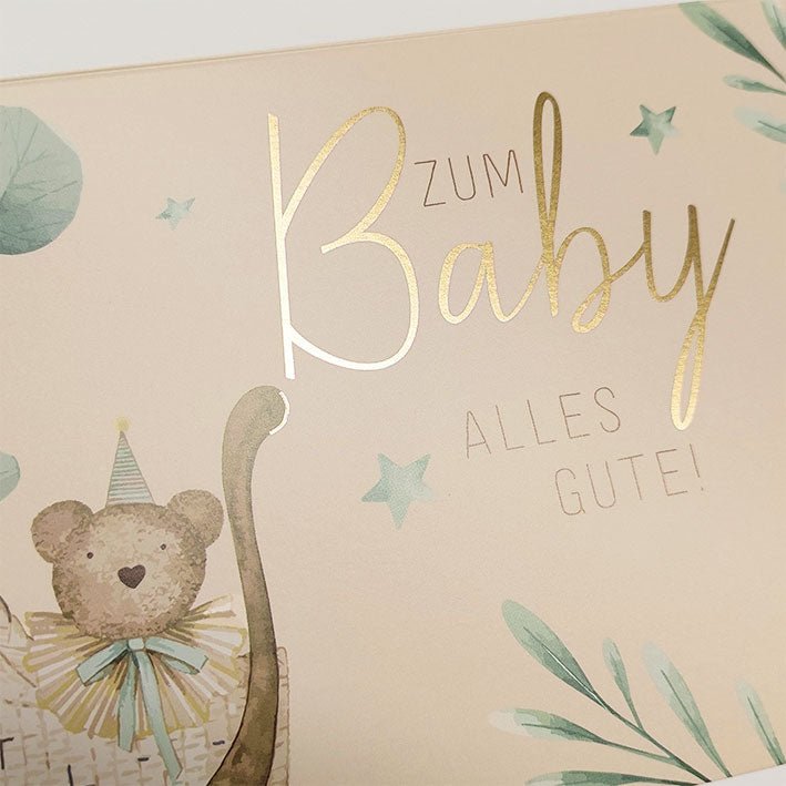 Glückwunschkarte zur Geburt mit Bär im Kinderwagen und botanischen Motiven zarte Farben Babykarte für Jungen und Mädchen