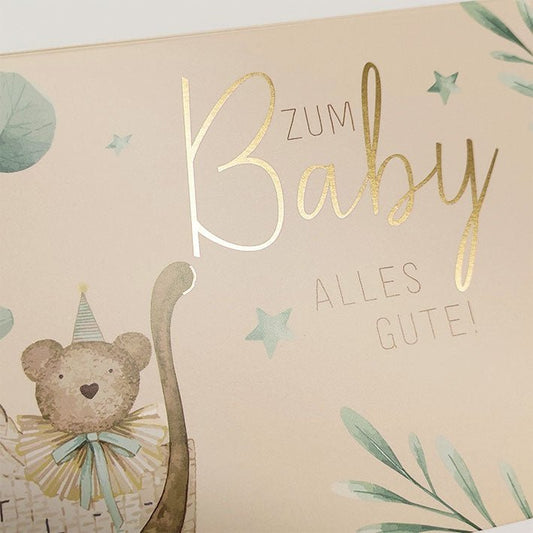 Glückwunschkarte zur Geburt mit Bär im Kinderwagen und botanischen Motiven zarte Farben Babykarte für Jungen und Mädchen
