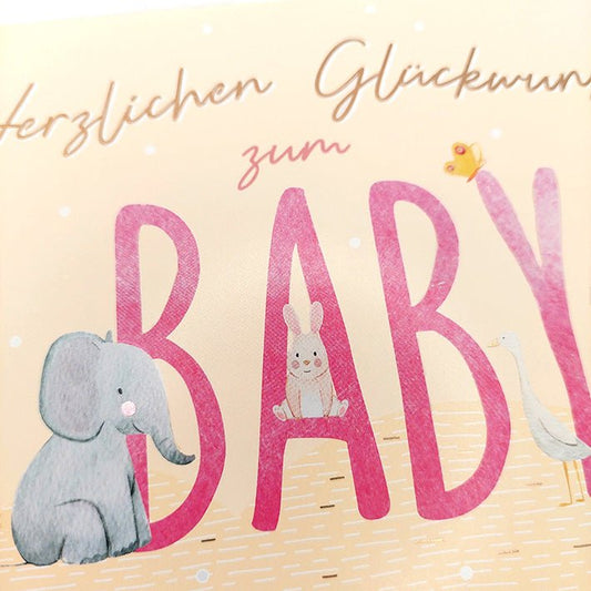 Glückwunschkarte zur Geburt mit Elefant Hase Gans und Schmetterling liebevoll illustriert zarte Farben Babykarten für Mädchen und Jungen
