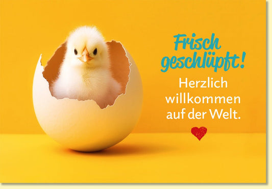 Glückwunschkarte zur Geburt mit Küken im Ei und Herz Motiv liebevoller Spruch Frisch geschlüpft Willkommen Baby Grußkarte