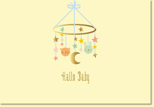 Glückwunschkarte zur Geburt mit Mobile Motiv Bär Hase Sterne Mond zarte Farben Doppelkarte für Jungen und Mädchen