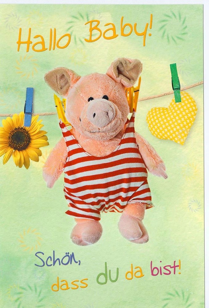 Glückwunschkarte zur Geburt mit Plüsch - Schweinchen in gestreiftem Body Sonnenblume Herz Motiv liebevoll bunt für Mädchen und Jungen