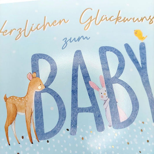 Glückwunschkarte zur Geburt mit Rehkitz Hase Vogel pastellblau Herlichen Glückwunsch zum Baby süße Geburtskarte für Jungen und Mädchen