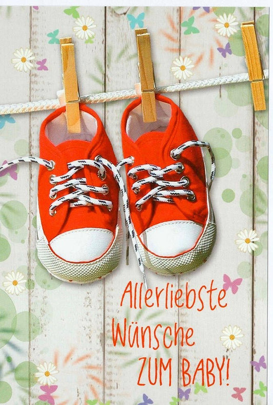 Glückwunschkarte zur Geburt mit roten Babyschuhen auf Wäscheleine liebevolle Grußkarte für Mädchen und Jungen zur Babybegrüßung