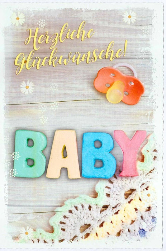 Glückwunschkarte zur Geburt mit Schriftzug Herzliche Glückwünsche und Baby - Motiv in Pastellfarben für Mädchen und Jungen