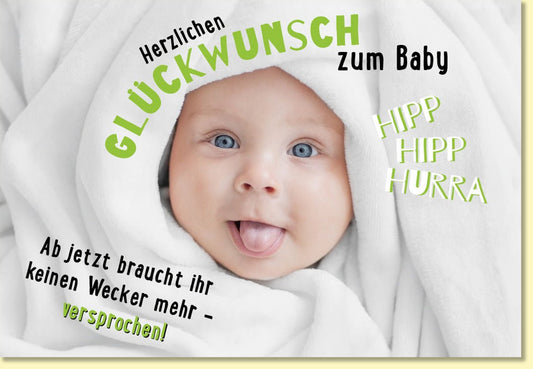 Glückwunschkarte zur Geburt mit süßem Babyfoto und Spruch Hipp Hipp Hurra moderne Geburtskarte für Jungen und Mädchen