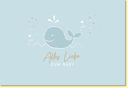 Glückwunschkarte zur Geburt mit Walmotiv in Blau liebevolle Babykarten für Jungen hochwertige Doppelkarte zur Geburt