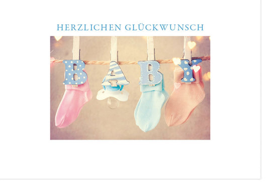 Glückwunschkarte zur Geburt - Neutrale Babykarte mit Socken, Schnuller & Strampler für Jungen & Mädchen, Perfekt für Babyshower