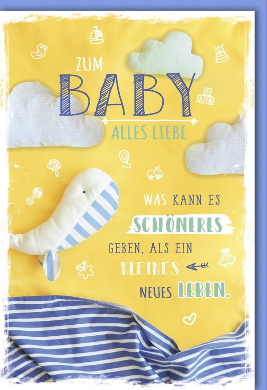 Glückwunschkarte zur Geburt: Neutrale Babykarte mit Wolken, Storch & Schnuller – Perfekt für Babyshower, Junge & Mädchen
