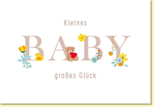 Glückwunschkarte zur Geburt niedliches Baby Motiv mit Teddybär und Blumen zarte Farben für Mädchen oder Jungen