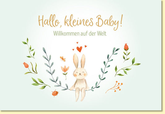 Glückwunschkarte zur Geburt niedliches Häschen mit Blumen und Herzen zarte Farben liebevoll gestaltet für Mädchen und Jungen